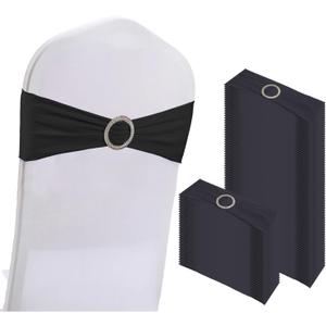 100PCS Spandex Stretch Chair Sashes Bows Elastic Chair Cover Bands Ties with Buckle Slider for Wedding Party Reception Events Universal Ceremony Banquet Decorations, (Black)