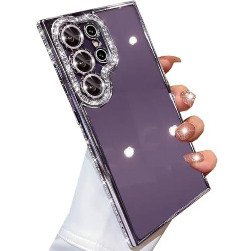 Changjia for Samsung Galaxy S25 Ultra Clear Glitter Case,Cute Luxury Bling Sparkly Diamond Rhinestone with Camera Lens Protector TPU Bumper Slim Transparent Women Girl Case for Galaxy S25 Ultra,Purple