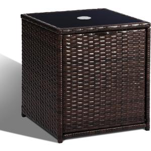 SUNNYPARK Outdoor Umbrella Side Table with 2 Weight Bags, 2-in-1 Patio Table with Umbrella Hole, All-Weather Handwoven PE Rattan Umbrella Base Stand for Deck Yard Garden Balcony Poolside