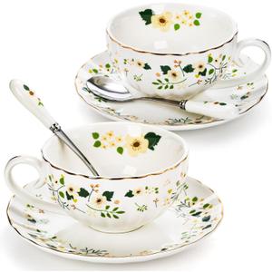 Lyellfe Set of 2 Tea Cup and Saucers, 6 Oz Floral Tea Cups with Spoon Gold Trim, Porcelain Bone China British Coffee Cappuccino Espresso Latte Mugs for Party Birthday Wedding Gifts (White)