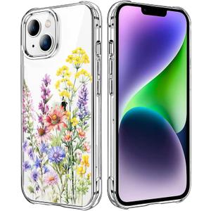 Wild Flower Clear Case Compatible with iPhone 14 Plus, Cute Girls and Women Floral Back Case Cover, Summer Flowers Transparent Flexible TPU Bumper Shockproof Protective Phone Case