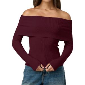 LILLUSORY Womens Off The Shoulder Sweater Fall Long Sleeve Going Out Y2k Tops Winter Date Night Outfits (Large, Red)