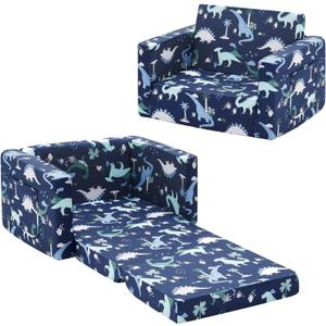 Ulax furniture Kids Sofa Chair for Reading, 2-in-1 Sofa Toddler Fold Out Couch, Convertible Sofa to Sleeper Couch (Navy Dinosaur)