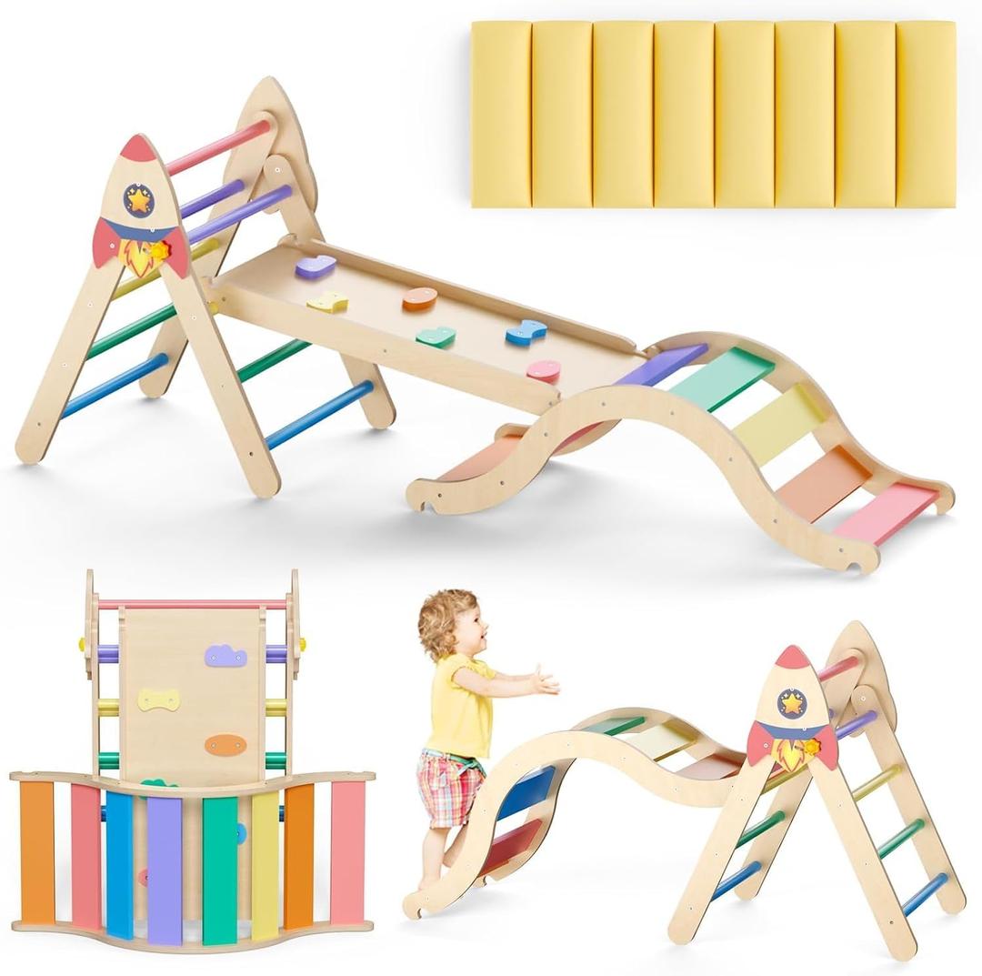 Pikler Triangle Set with Cushion, 9-in-1 Kids Climbing Toys for Toddlers 1-3 Inside, Montessori Toddler Climbing Toys Indoor, Large Wooden Pikler Triangle Climbing Set Baby Playground for Children
