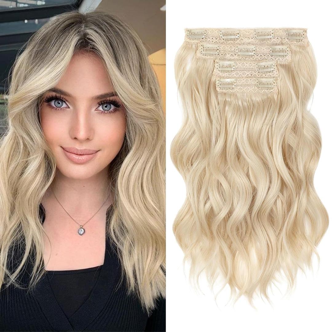 REECHO Hair Extensions, 4PCS Clip in Hair Extensions 14" Short Beach Wavy Invisible Lace Weft Natural Soft Hairpieces for Women Natural Blonde