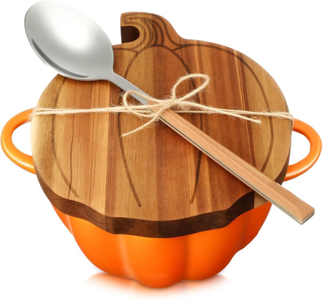 Mimorou 11 oz Pumpkin Pot with Carved Wooden Lid and Spoon Thanksgiving Pumpkin Bowl Orange Cute Cookware Soup Dish Safe Oven Pot with Wooden Lid and Handle for Fall Autumn Cooking Baking