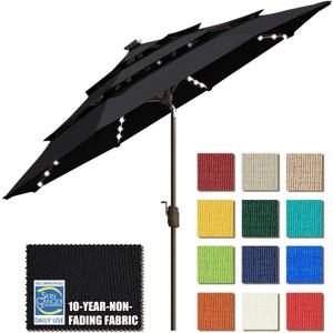 EliteShade USA 10-Year-Non-Fading 9ft 3-Tier Market Patio Umbrella, Commercial Table Umbrella with 80 Solar LED Lights, Crank Open, Windproof & UPF 50+ UV Protection for Garden, Deck, Pool, Backyard, Black