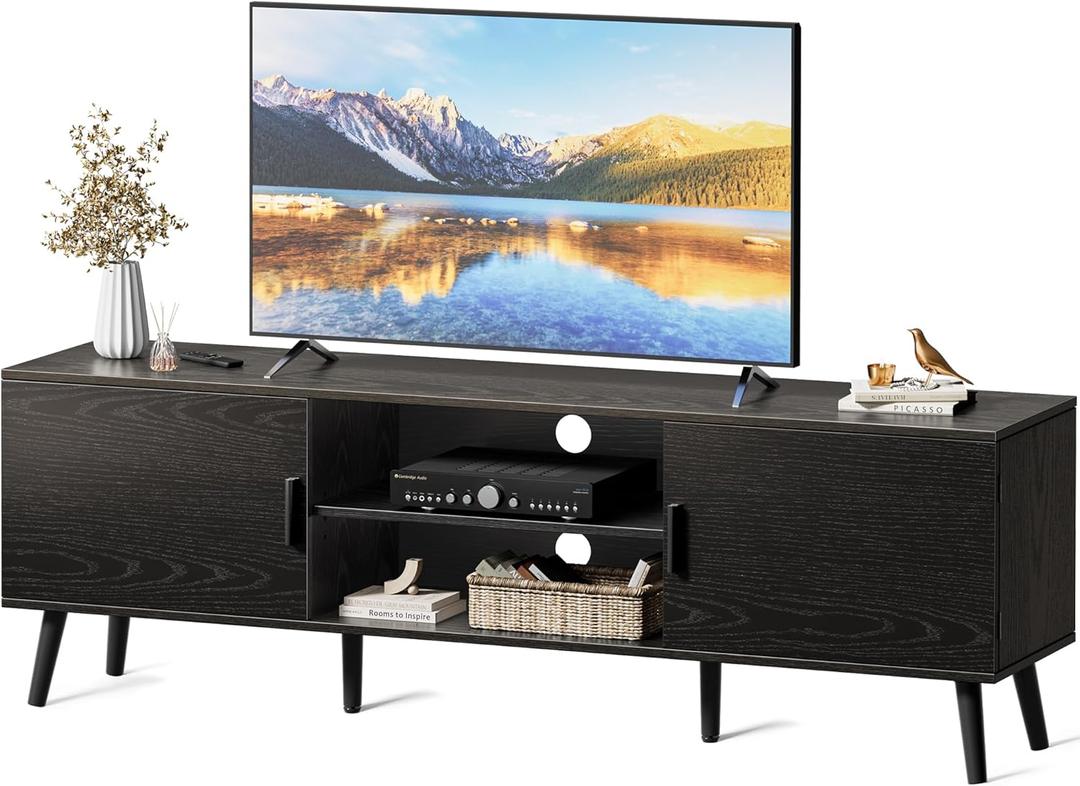 SUPERJARE TV Stand for 55 Inch TV, Entertainment Center with Adjustable Shelf, 2 Cabinets, TV Console Table, Media Console, Solid Wood Feet, Cord Holes, for Living Room, Bedroom, Black (53.9")