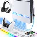 Honghao Controller Charger for PS5/PS5 Slim/Pro: PS5 Stand Cooling Fan and Controller Charger Station, PS5/PS5 Slim/Pro Accessories Vertical Charging Dock for PlayStation 5 Console (White)