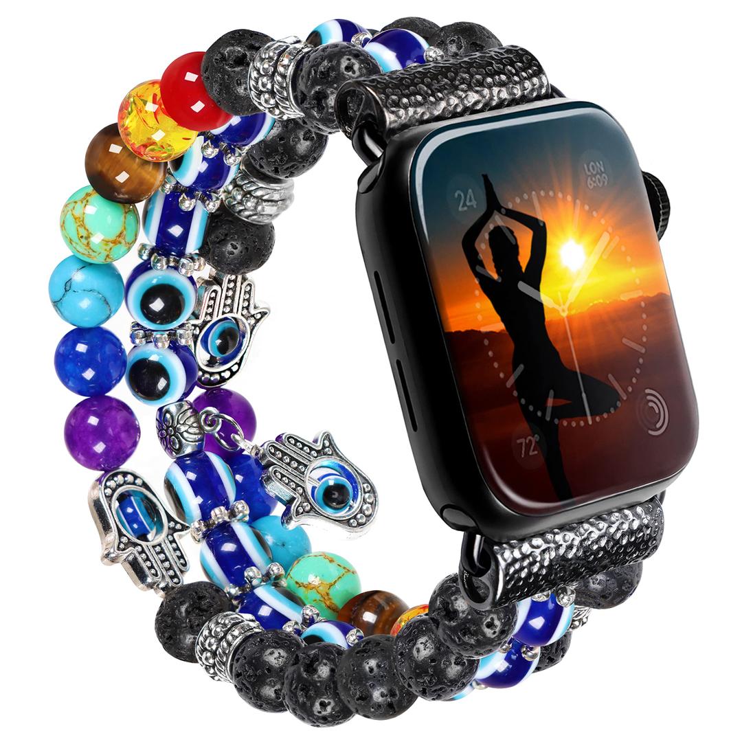 Evil Eye Bracelet Band Compatible with Apple Watch SE 10 9 8 7 SE 6 5 4 3 Natural Pink Zebra Stone Healing Replacement for iwatch 42mm 44mm 45mm 49mm 46mm for Women