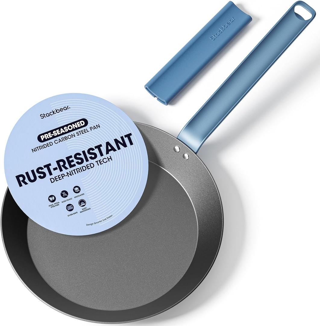 Carbon Steel Frying Pan 10 Inch, Nitrided Carbon Steel Skillet, Preseasoned Rust Resistant Cooking Pan, Induction & Oven Safe Professional Cookware