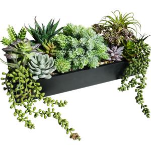 Winlyn 15" Artificial Succulents Arrangement Faux Succulents in Rectangular Black Wooden Planter Box Faux Potted Succulents Plant Garden for Gifts Home Table Centerpiece Mantel Greenery Dcor