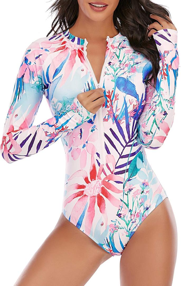 Zando Long Sleeve Rash Guards Long Sleeve Bathing Suit Athletic Rashguard One Piece Swimsuit Women Tummy Control Surfing Swimsuits UV Protection Swim Shirt Floral Swimwear 1 Watercolor Flower 4-6