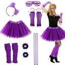 80s Outfit for Women Party 80's Accessories 7pc 70s 90s 1980s Costumes with Purple Tutu Neon Leg Warmers 80s Neon Scrunchies Gloves Necklace Shutter Glass for Cosplay Theme Party, Free Size 