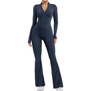 YEOREO Women Long Sleeve Flare Workout Jumpsuit Zip Up Romper Bottom Pants Wide Leg Bodysuit Bodycon Sexy One Piece, M