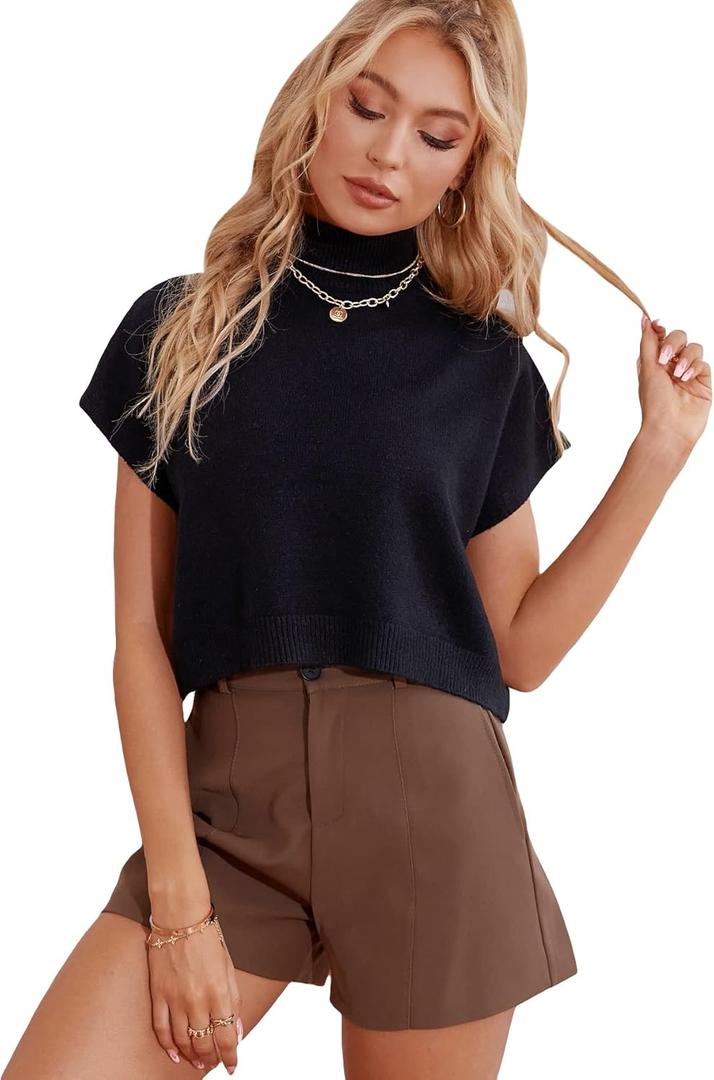 Verdusa Women's Mock High Neck Short Sleeve Solid Knit Crop Top Sweater Pullovers (Medium, Black)