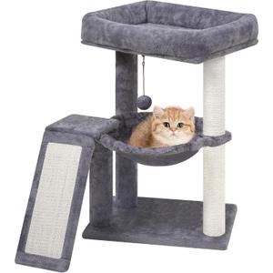 YOUPET Cat Tree with Cat Scratching Post for Indoor Cats, Cat Tower with Scratching Board and Playful Toy Balls, Cat Tree Tower with Cozy Hammock,Grey (25.59")
