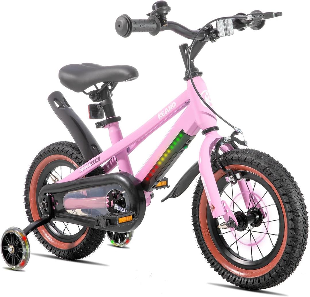 KEANO 12" Kids Bike for 3-5 Yrs, Light-Up Training Wheels, Pink