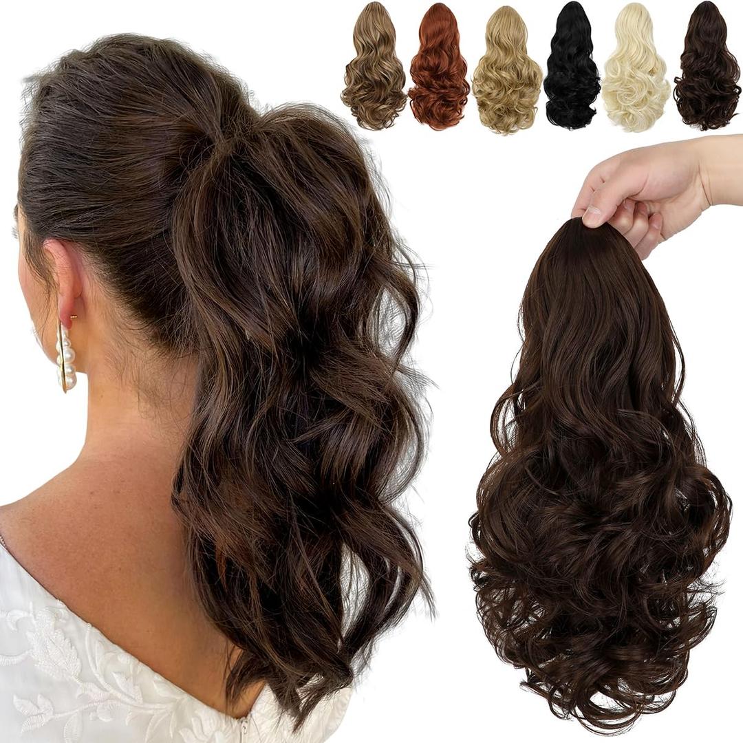 FELENDY Ponytail Extension, 15" Drawstring Ponytail Hair Extensions Wavy Curly Clip in Pony Tails Cute Hairpiece for Daily Use Synthetic Medium Brown