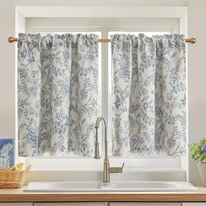 Lazzzy Blue Floral Kitchen Curtains 36 Inch Length Rustic Country Room Darkening Small Linen Farmhouse Cafe Curtains with Lined Rod Pocket, Set of 2, Blue on Beige