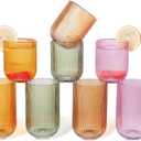 Set of 8 Dopamine-colored-match Ribbed Glassware,4 Highball Glasses 14oz & 4 Rocks Drinking Glasses 9oz, Origami Style, Fluted Design, for Daily use, Water, Cocktail, Whiskey, Kitchen, Gift