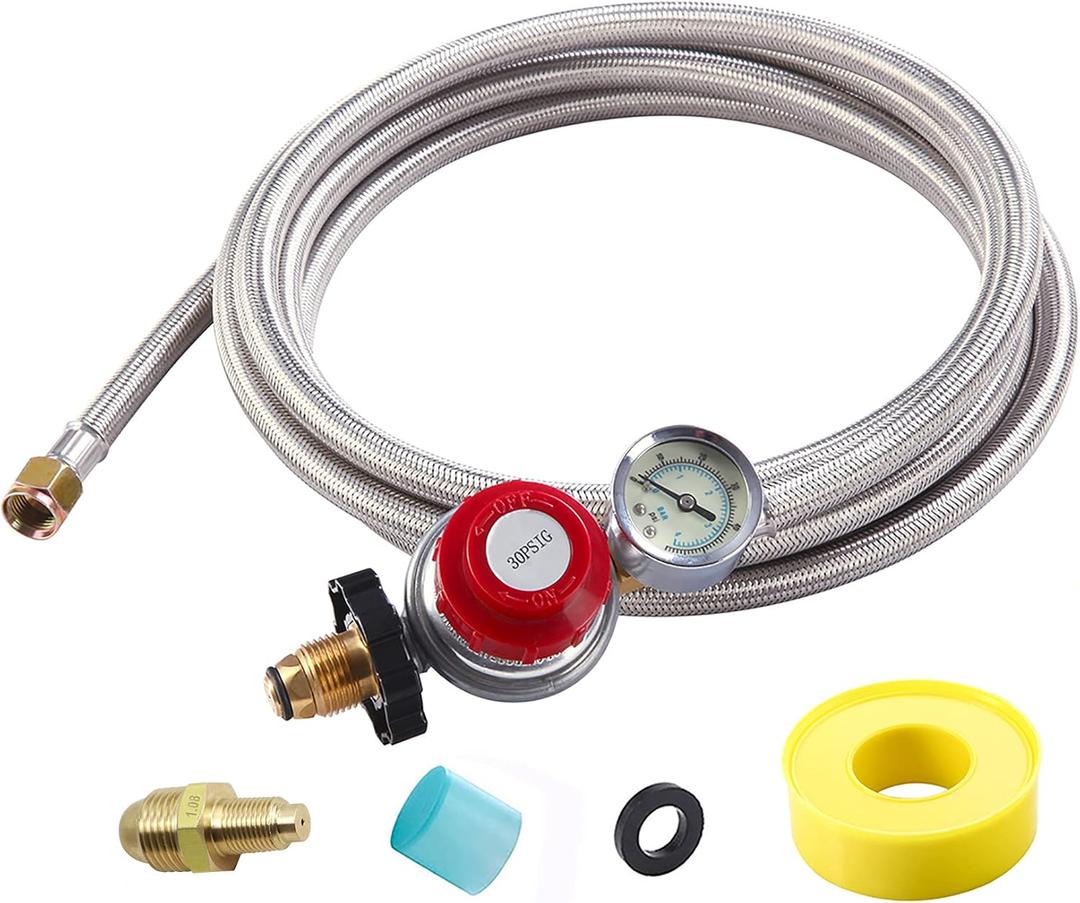 12FT High Pressure Propane Regulator with Hose, Adjustable 0-30 PSI Regulator with Gauge, Stainless Steel Braided Hose, Connect 5-100LB POL Propane Tank to Fire Pit Burner Heater Fryer Smoker Griddle