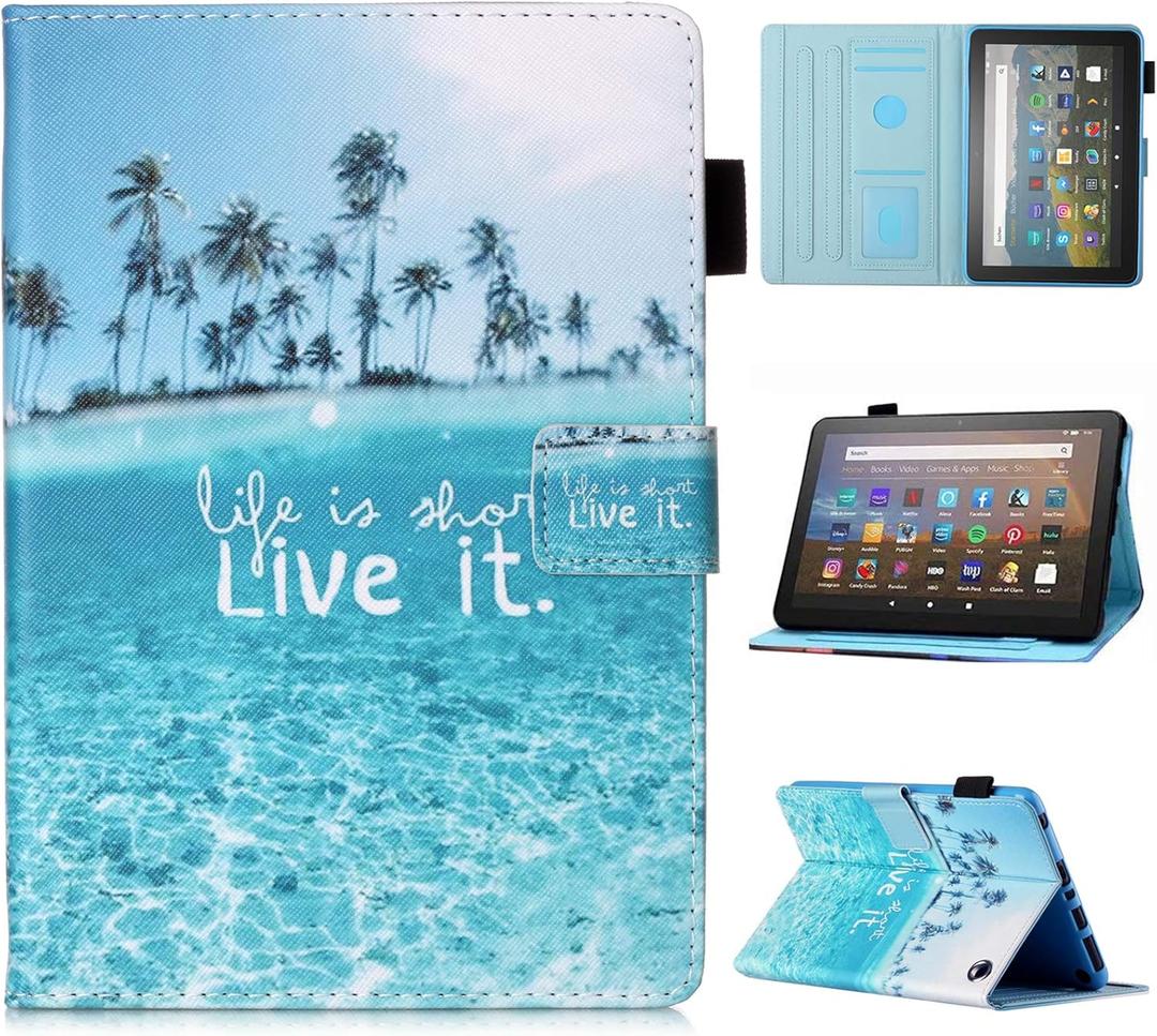 MonsDirect for Amazon Kindle Fire HD 8 & 8 Plus Case (12th/10th Generation 2024/2022/2020 Release), PU Leather Stand Cover, Auto Wake/Sleep with Pen Holder for Fire HD 8/8 Plus 2024/2022/2020, Beach (#1 Beach)