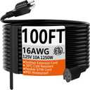 HUANCHAIN 100 FT 16 Gauge Black Indoor Outdoor Extension Cord Waterproof, Flexible Cold Weather 3 Prong Electric Cord Outside, 10A 1250W 125V 16AWG SJTW, ETL Listed