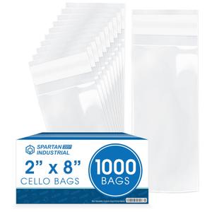 Spartan Industrial - 2" X 8" (1000 Count) Crystal Clear Resealable Cello Poly Bags for Jewelry, Treats, Party Favors - Self Seal
