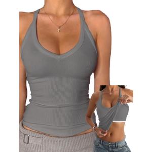 Danysu V Neck Cotton Tank Tops with Built-in Shelf Bra Sleeveless Racerback Fitted Basic Cami Shirts Large