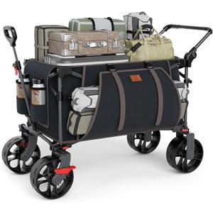 EVER ADVANCED Folding Push Wagon with Brakes, Portable Shopping Cart, Collapsible Wagon Cart with All-Terrain Big Wheels for Camping, Beach, Sports (Black)