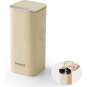 DASITON Makeup Brush Holder with Lid,4 Slots Makeup Brush Organizer,Automatic Lifting Makeup Cosmetics Organizer,for Vanity Decor,Bathroom Countertop,Dustproof Cosmetic Brushes Container(Cream)