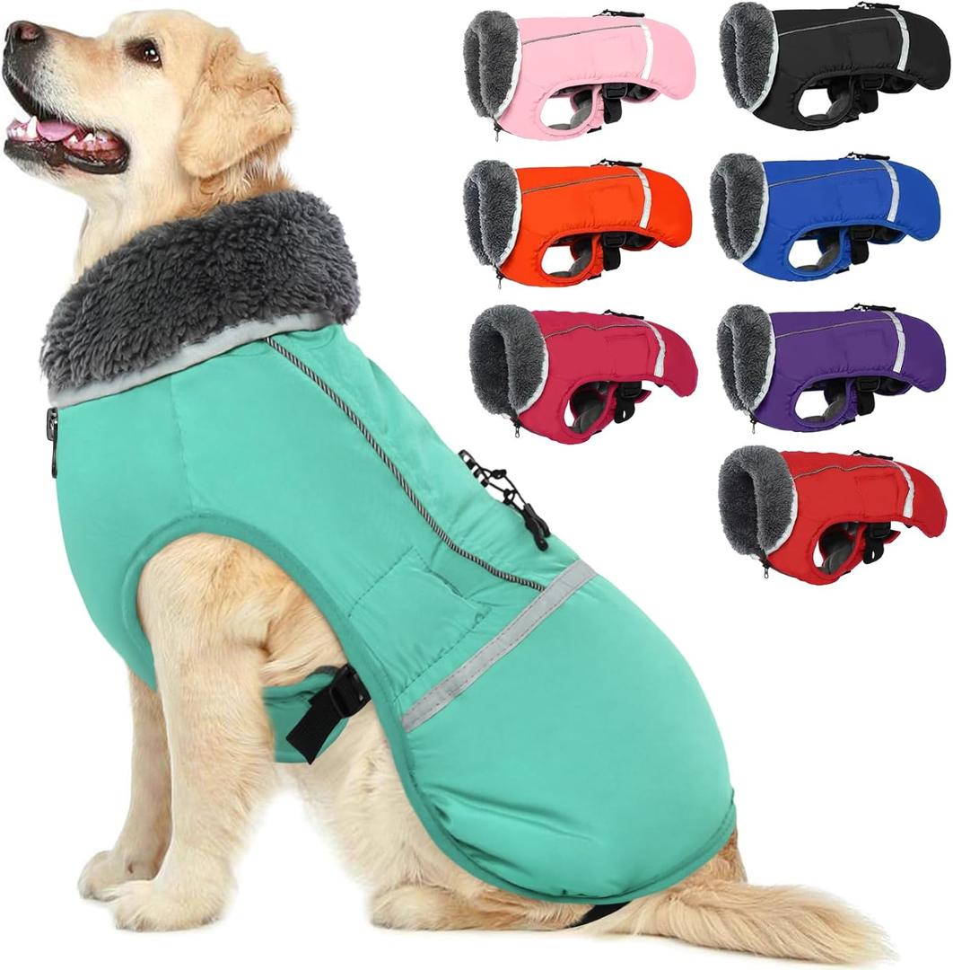 QBLEEV Warm Dog Coat Reflective Dog Jacket, Waterproof Dog Winter Coat Turtleneck Dog Clothes for Cold Weather, Thick Fleece Dog Snowsuit Christmas Dog Vest Pet Apparel for Small Medium Large Dogs M (Turquoise)