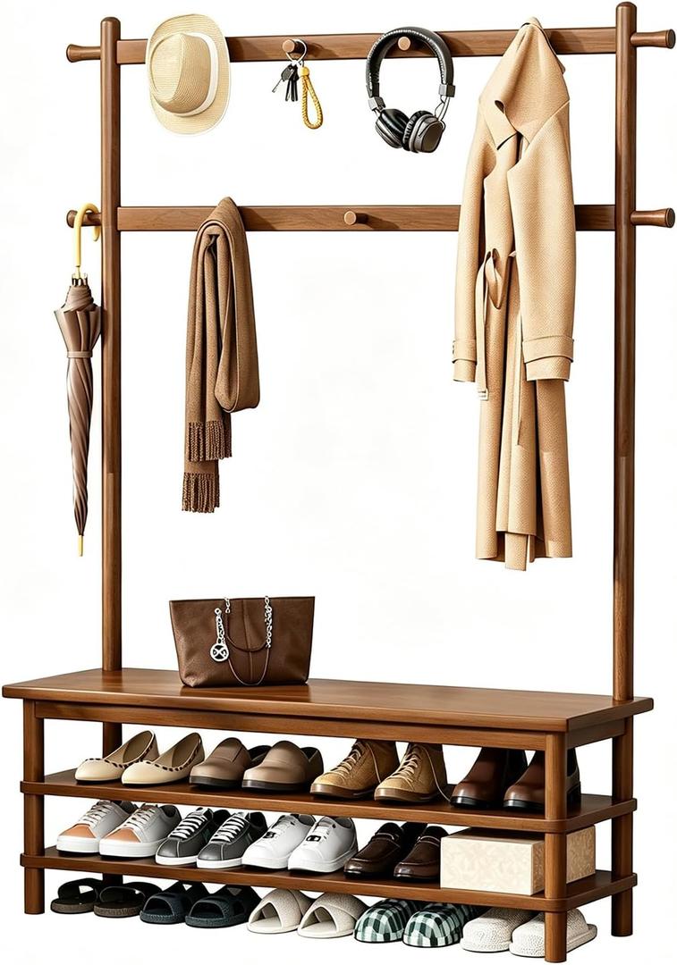 Solid Wood Hall Tree with Bench, Shoe Rack & 11 Hooks 42.9''