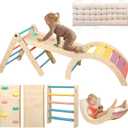Pikler Triangle Set with Cushion, 7 in 1 Toddler Climbing Toys Indoor, Montessori Foldable Climbing Set, Wooden Climbing Toys for Toddlers Inside with Ramp, Arch and Ladder (Rainbow)