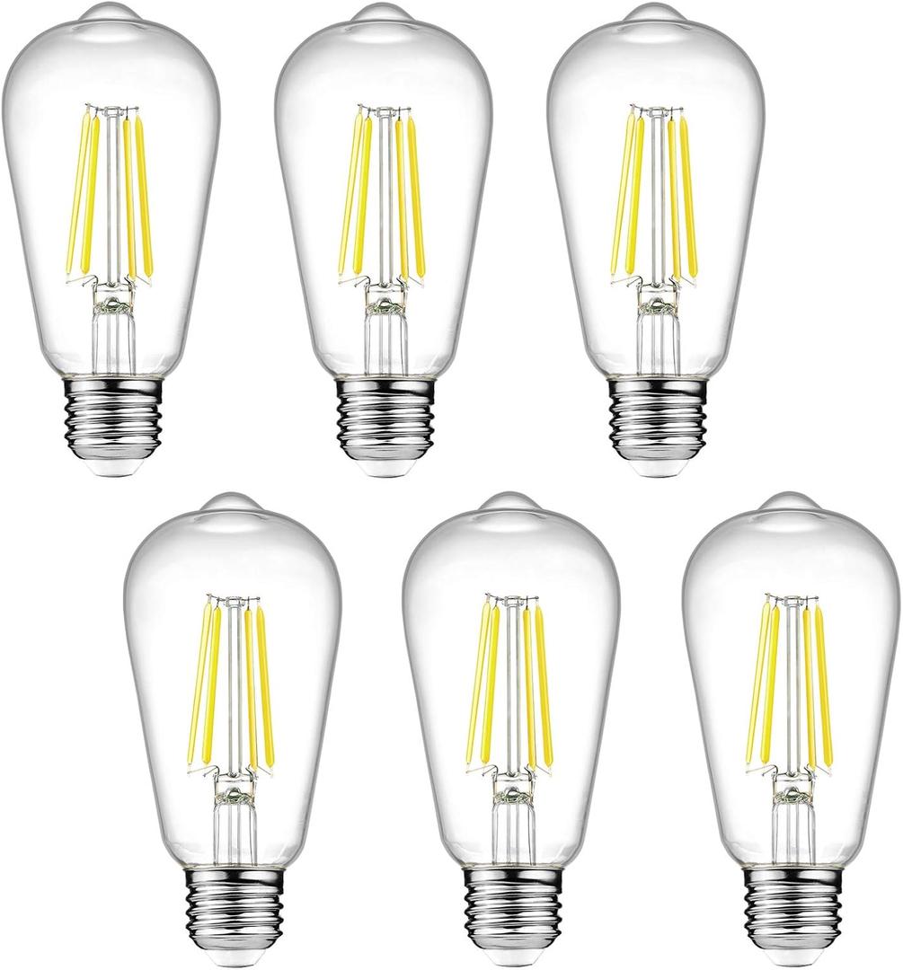 Ascher Dimmable Vintage LED Edison Bulbs, 6W, Equivalent 60W, Bright Cool White 4000K, 80+ CRI, ST58 Antique LED Filament Bulbs, E26 Medium Base, Clear Glass, Pack of 6