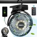 Portable Clip on Fan 65 Working Hours, Camping Fans with LED Lights & Hook, 12000 Capacity Battery Operated Fan with Clamp, USB Rechargeable for Desk, Tent, Treadmill, Stroller, Golf Cart, Home (Black)