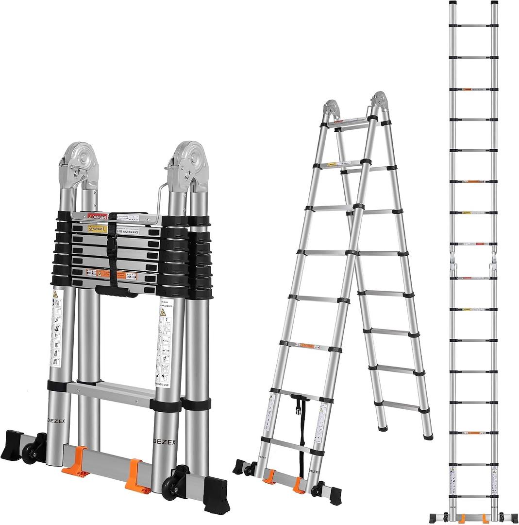DEZEX Telescoping Ladders 16.5FT A Frame Ladder, Adjustable Folding Extension Ladder, with Anti-Slip Balance Bar & Wheel, Multi-Purpose Collapsible Ladder for Home, Outdoor Work, 330 lbs Capacity