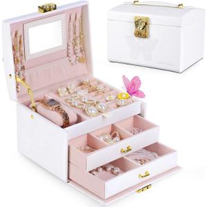 Pretty Comy Jewelry Box for Girls & Women, 3-Layer PU Leather Jewelry Organizer with Mirror, Travel Jewelry Case for Earrings, Rings, Necklaces, Christmas Birthday Gift for Girl & Women