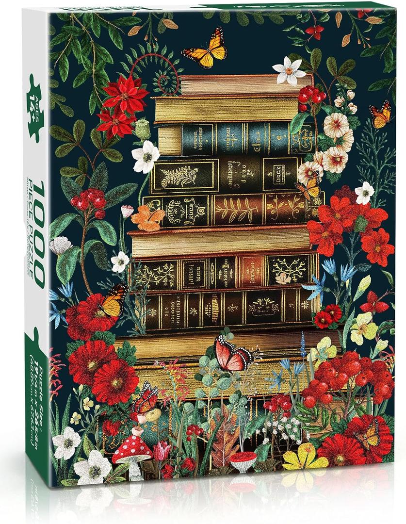 BenBen Puzzles for Adults 1000 Pieces, Vintage Books and Wildflower Jigsaw Puzzle with Letters on Back, Challenging Puzzles for Family Game Night Home Dcor, Book Lovers Gifts