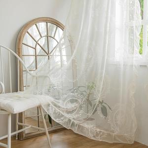 Ivory Lace Curtains 84 Inches Long for Bedroom Living Room, Sheer Victorian Florals Embroidery Scalloped Edges, Window Treatments Farmhouse Country Pair Decor Rod Pocket, W57 x L84