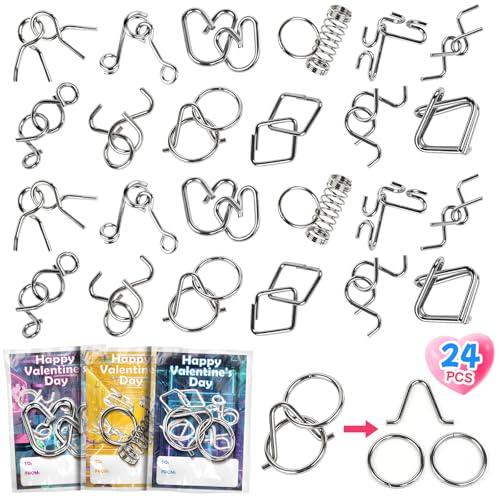 24 Pcs Valentine’s Day Gift Metal Brain Teaser Puzzles Set with Cards for Boys and Girls Unlock Interlock Game Fidget Party Favors School Exchange Classroom Prizes for Older Kids Teens Adults