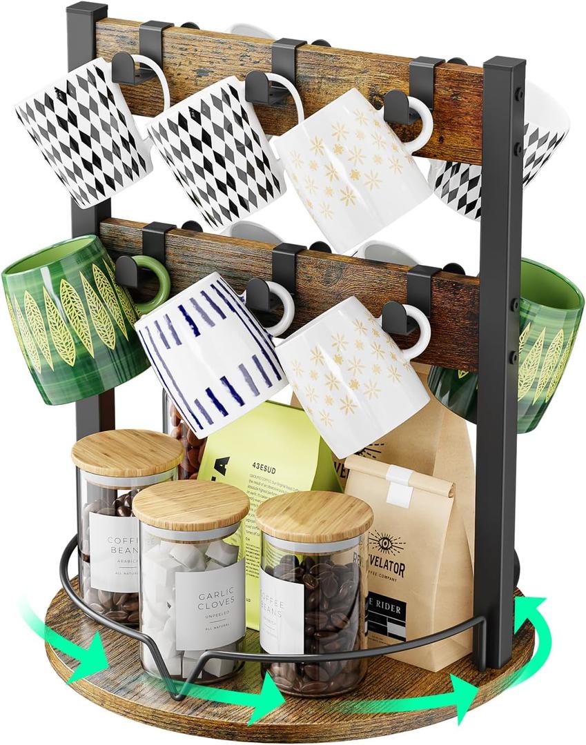 KLM Wood Coffee Mug Holder,12 Hook Mug Tree Holder Rack with Storage Base,Mug Display Organizer,Mug Holders for Home Kitchen,Support 360 rotation for easy access