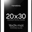 Homeforia 20x30 Poster Frame Black, High End Metal 20 x 30 Picture Frames with Mat 16 by 24 inch Photo, 30x20 Large Frame for Wall, 20x30 Thin Frame Matted to 16x24, Tempered Glass, Wall Kit, Set of 1