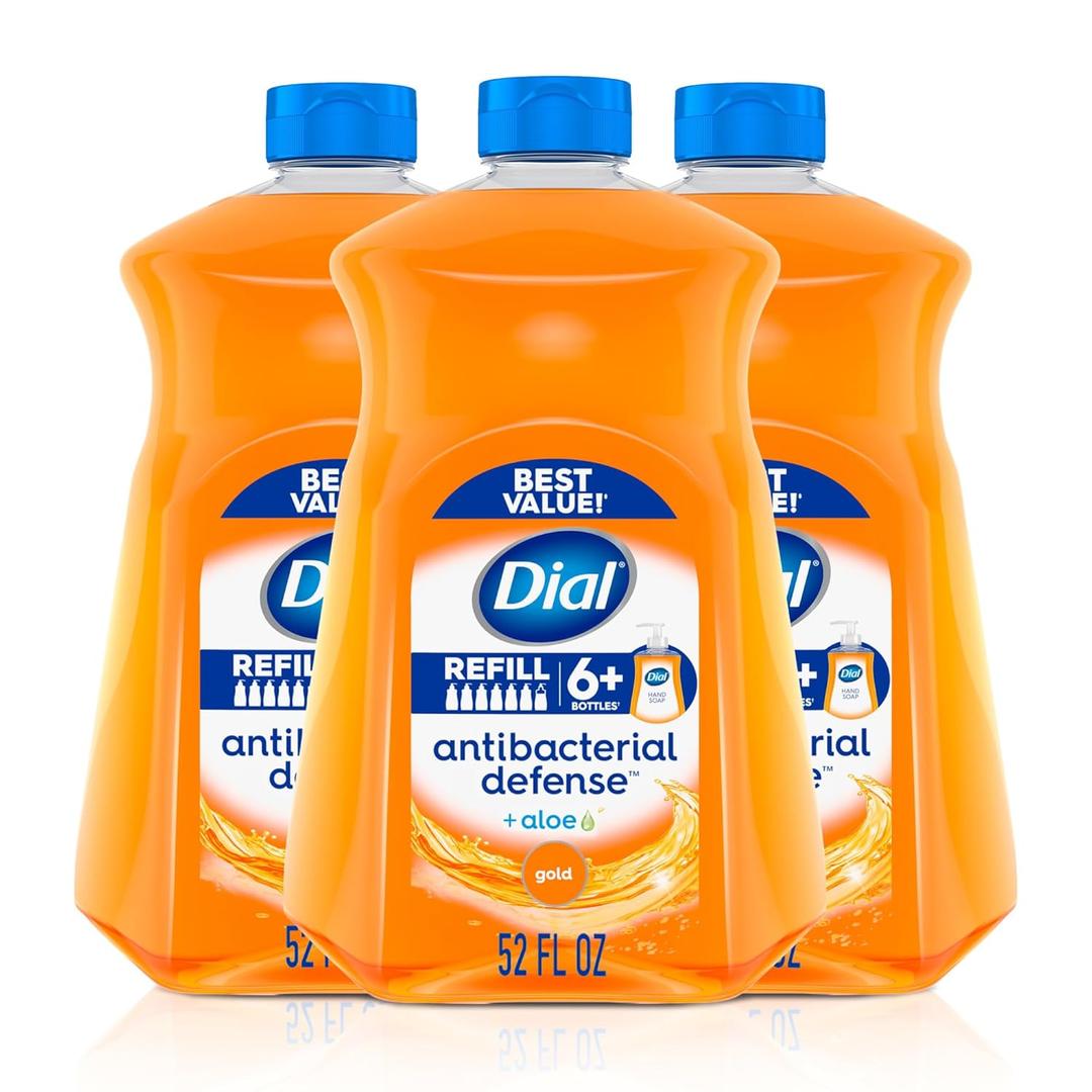 Dial Antibacterial Defense Liquid Hand Soap + Aloe, Gold Scent, 52 Fl Oz Hand Soap Refill (3 Count), Dermatologist-Tested, Gentle Formula