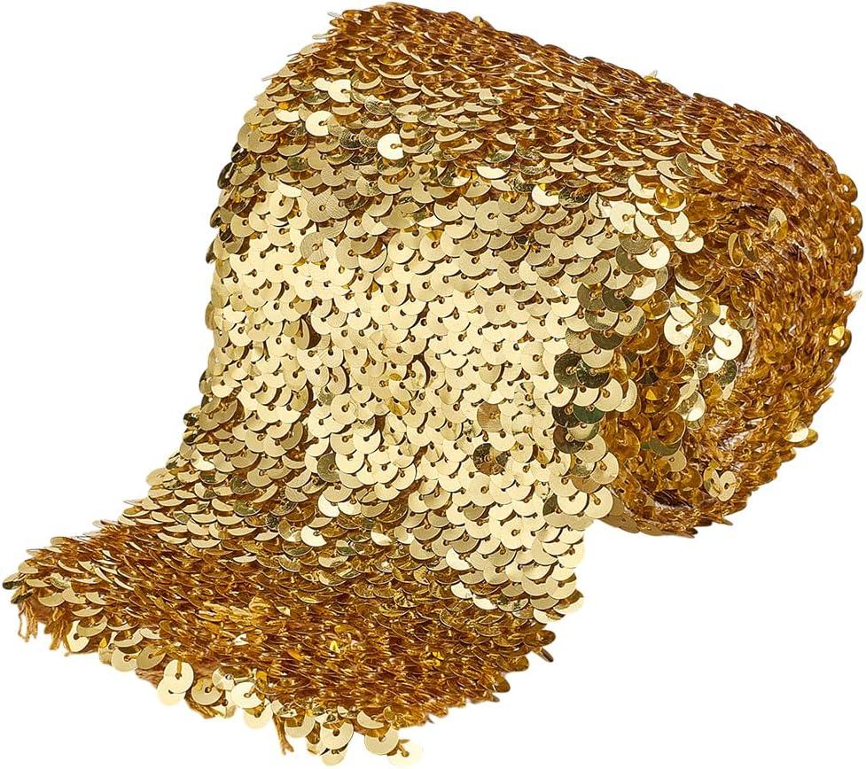 FINGERINSPIRE 2.5 Yards Sequin Trim 4inch Wide Gold Elastic Sequin Ribbon Flat Paillette Lace Trim Stretch Bling Paillette Ribbon Metallic Fabric for Dress Headband Sewing Craft