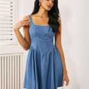 WDIRARA Women's Casual Square Neck Denim Dress Ruffle Hem A Line Mini Dress (Blue, Medium)