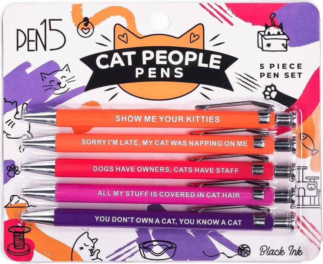 Funny Cat People Pens - Snarky Office Gag Gift, Black Ballpoint Pens with Humorous Sayings for Pet Owners, Cat Lovers, Coworkers
