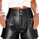 Fallorchid Women's Faux Leather High Waist Shorts Pleated Wide Leg Pants Shorts with Pockets (Black) XL