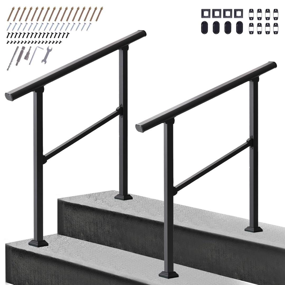2 Pack Carbon Steel Handrail for Outdoor 2 Steps, 27" L x 39" H, Upgraded Exterior Decking Railing for Porch, Easy to Install for Concrete/Brick/Wood, Screw Kit Included #LYFS2PC02BK-US